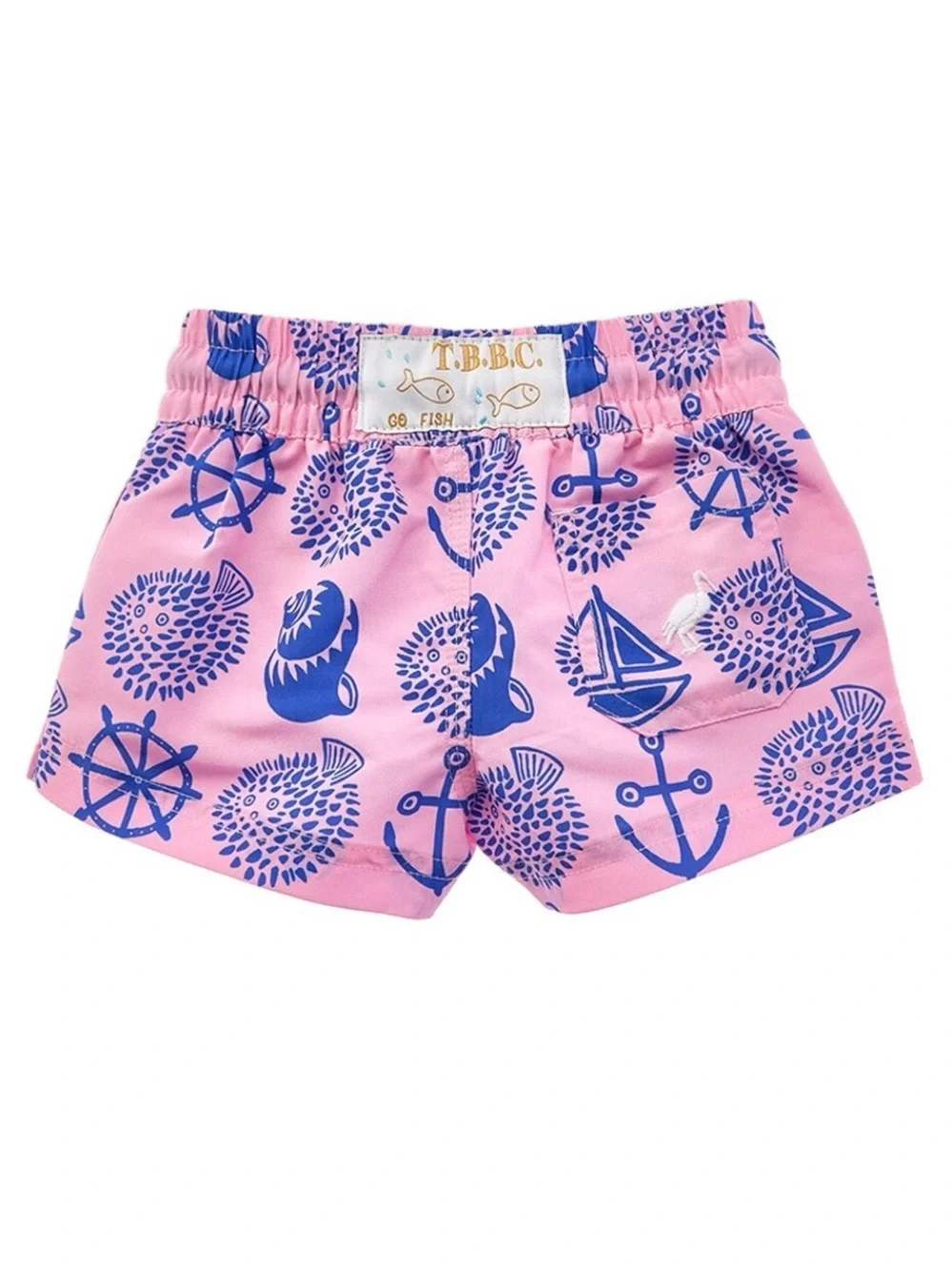 The Beaufort Bonnet Company Pink Swim Trunks with Blue Nautical Print